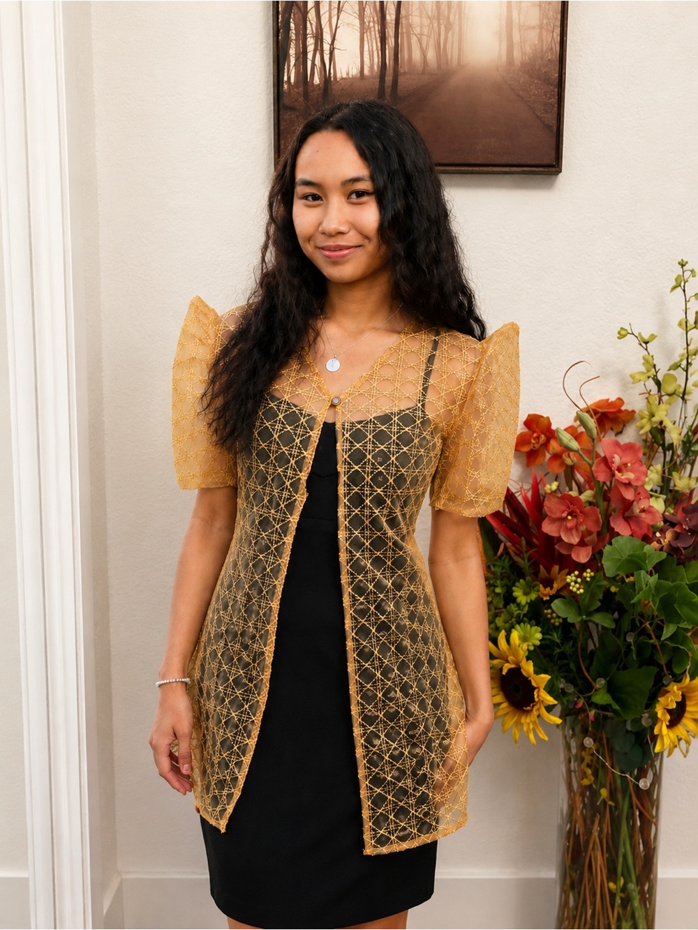 Filipiniana Tan Lace Overlay Long Bolero with Puff Sleeves